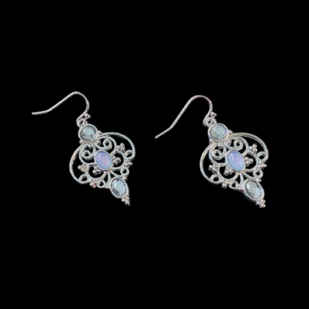 🆕 Filigree Silver Earrings w/ 2 Clear Stones w/Blue Pink Centre Stone!Brand NEW!